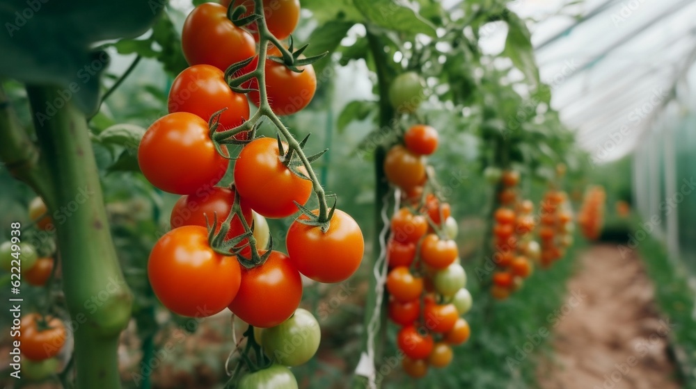 Ripe red organic tomato in greenhouse. Beautiful heirloom tomatoes