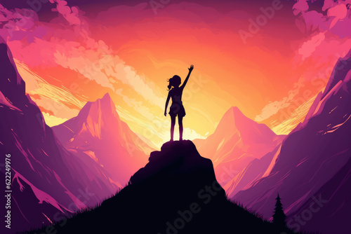 happy little girl silhouette stand on o cliff in the mountains illustration Generative AI