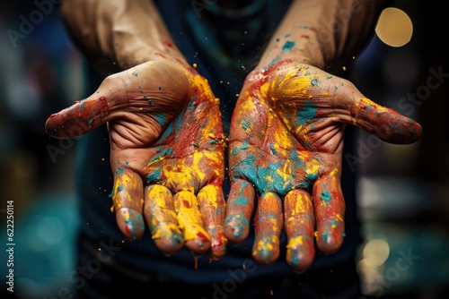 Unveiling the Artistic Process: The Intimate Close-Up of an Artist's Paint-Splattered Hands and a Vibrant Canvas Generative AI