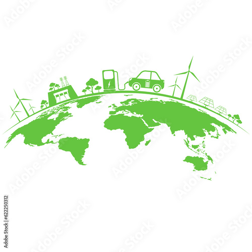 Electric car charging station with green energy on Earth map. Green energy technology concept.