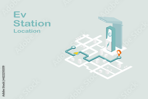 Green energy technology concept. Electric cars use GPS to navigate to the charger station. road way location infographic, Isometric vector flat design.