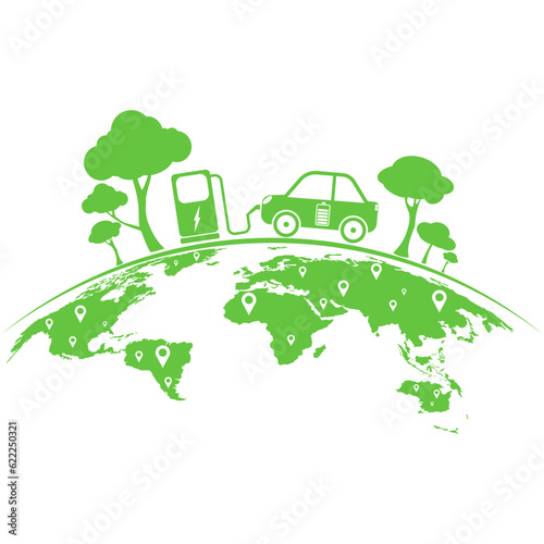 Electric car charging station location with GPS to navigate to the charger green energy on earth