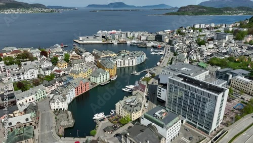 Alesundet and Brosundet water channel in Aalesund city center Norway - Summer aerial photo