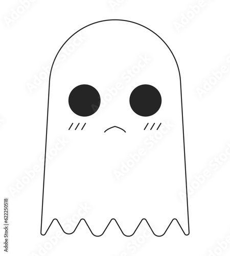 Unhappy cute ghost flat monochrome isolated vector object. Editable black and white line art drawing. Simple outline spot illustration for web graphic design