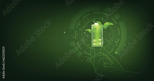 Green battery with leaves. Eco Green Energy Sign. Efficiency Recycle Electric Power Symbol. Futuristic battery charging power source concept. 3D illustration.	