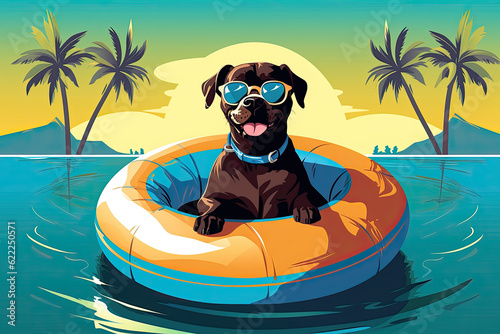 dog with sunglasses in swim ring beach background with palm trees illustration Generative AI © krissikunterbunt