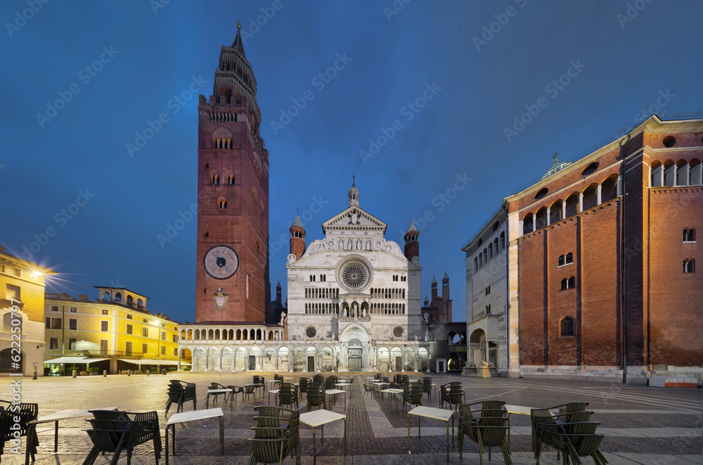 Fototapeta premium Cremona, Italy - panorama of Piazza del Comune square with Cathedral and famous Torrazzo bell tower the tallest pre-modern tower in Italy. 