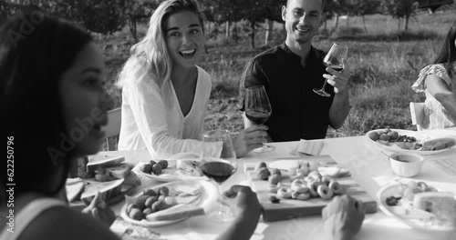 Happy adult people enjoy pic nic at wineyard - Multiracial friends eating outdoor and tasting red wine during summer time - Black and white editing photo