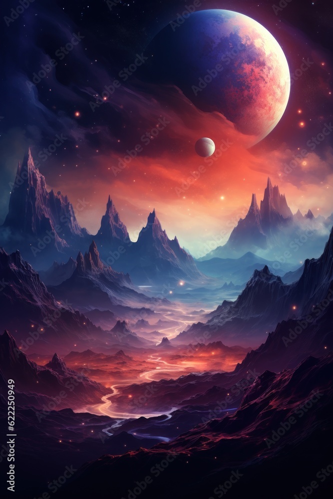 Abstract galaxy planet view colorful surrealism wallpaper background.