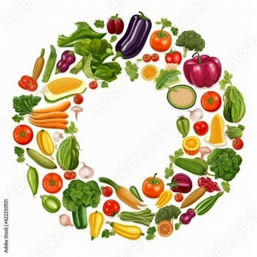 Various Vegetables And Healthy Food In Circle On White background