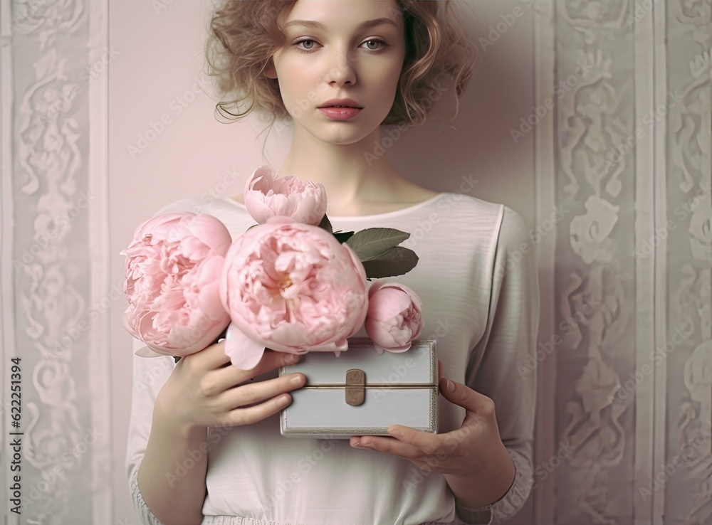 Round box with Bouquet of Pink peonies in a women hand. Beautiful peony ...