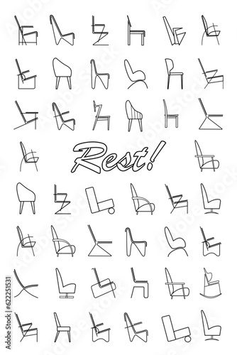 Set of modern design chairs. Vector sketch. Interior design.