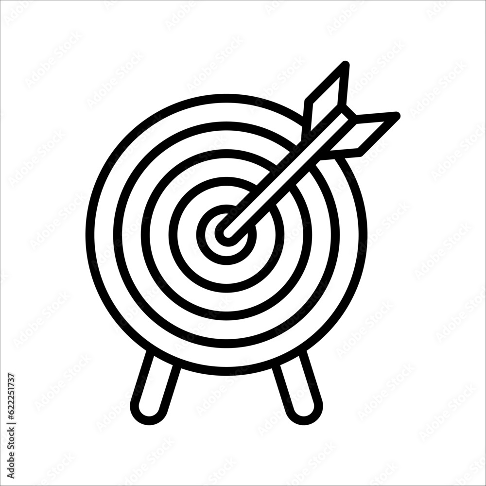 Target icon. Dartboard with arrow. Marketing strategy sign. Goal achievement symbol. vector illustration on white background Target icon. Dartboard with arrow. Marketing strategy sign. Goal achievement symbol. vector illustration on white background