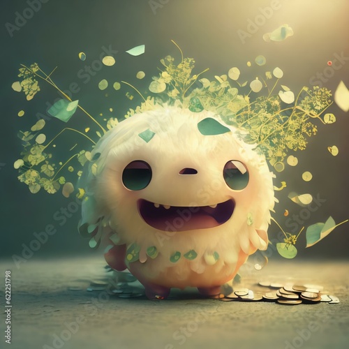 Happy adorable creature with leaves glowing out of body and gold coins on the ground