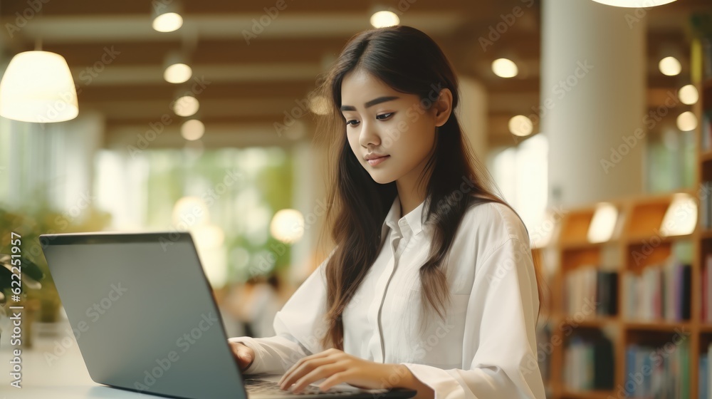 Fototapeta premium Young woman student study in the school library. She using laptop and learning online, Generative AI