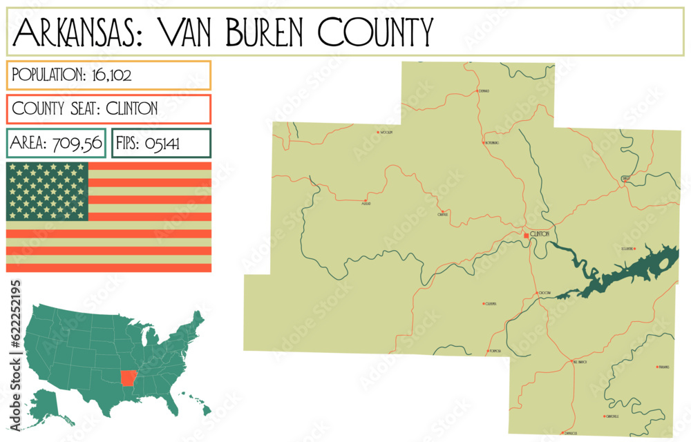 Large and detailed map of Van Buren County in Arkansas, USA.
