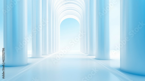 blue corridor with white columns