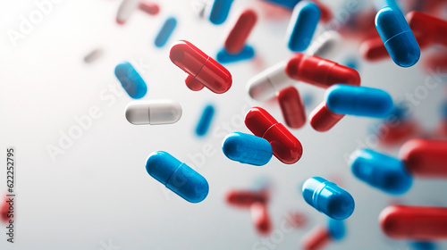 Red blue and white pills falling. Defocused bokeh background
