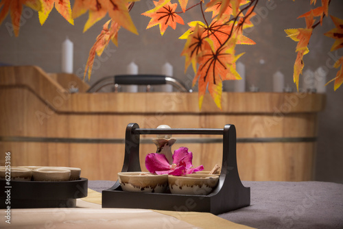 Natural treatments herbs treatment and candles in spa salon.