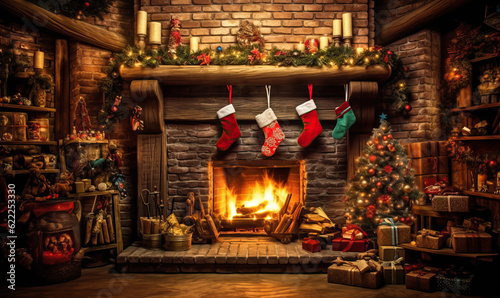 Christmas decorated room in a country house. Created using generative AI tools