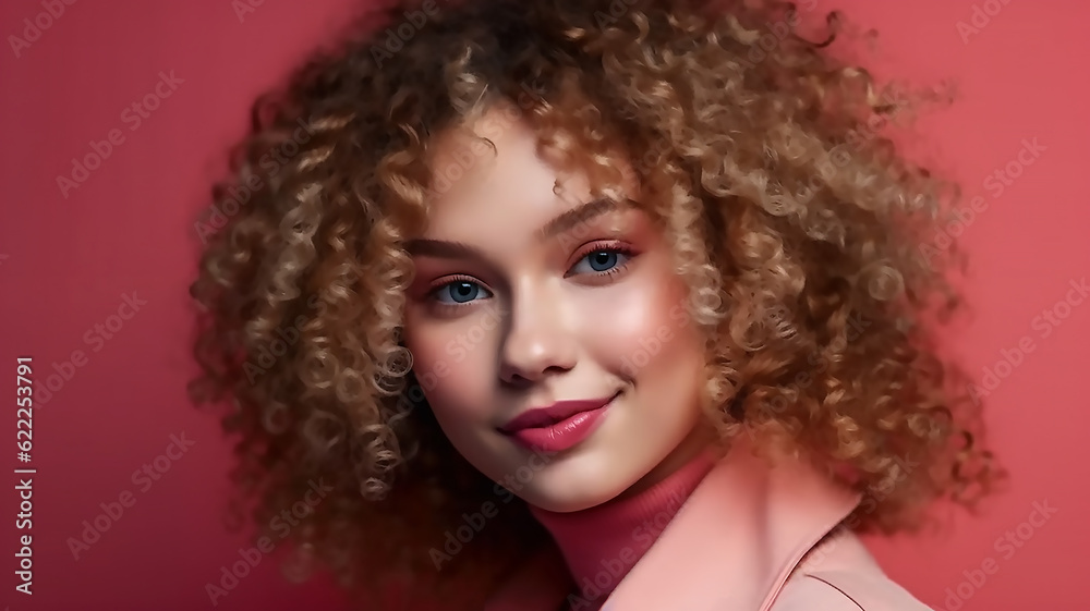 Portrait of a charming lady with red lipstick, curly hair on a pink background Portrait of a charming lady with red lipstick, curly hair on a pink background