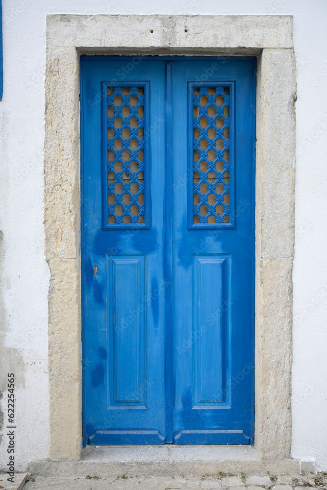 Front view of old blue wooden door with frosted glass window