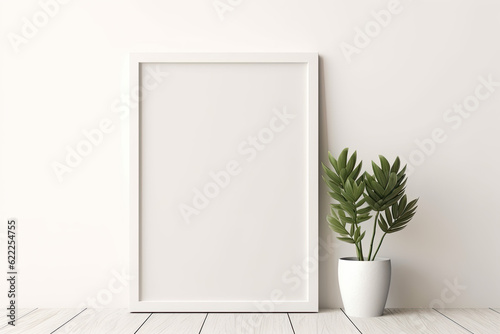 Empty white vertical picture frame on a blank wall, mock-up