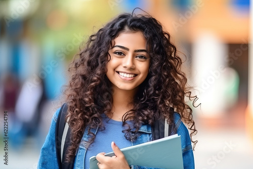 Portrait of cheerful female international Indian student with backpack, carrying school equipment