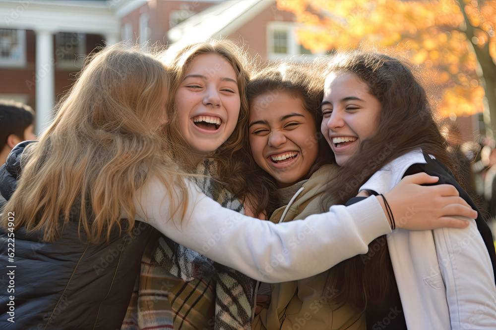 Students reunite at college for a new semester and are hugging each other out of joy Students reunite at college for a new semester and are hugging each other out of joy