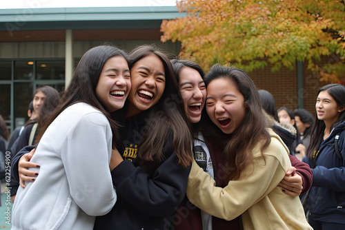 Students reunite at college for a new semester and are hugging each other out of joy