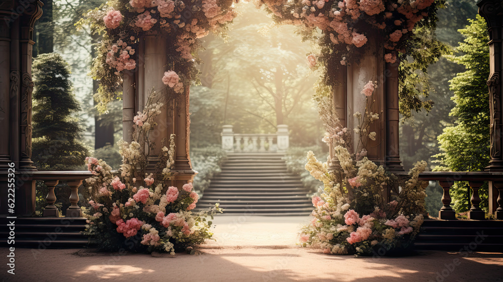 Place for vintage wedding ceremony arch a long aisle, beautiful floral arrangement