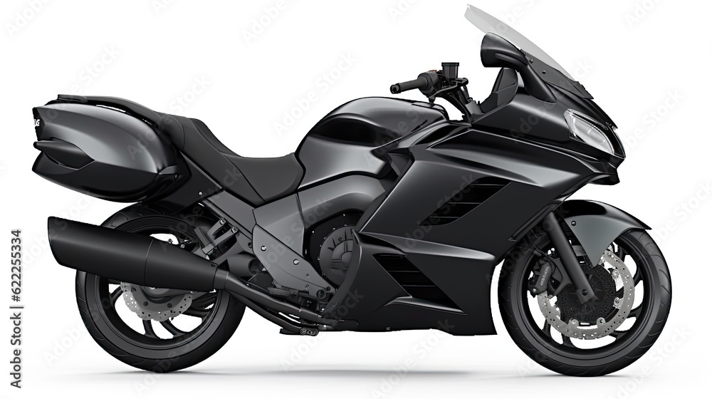 Black motorcycle photo realistic illustration - Generative AI. Black motorcycle photo realistic illustration - Generative AI.
