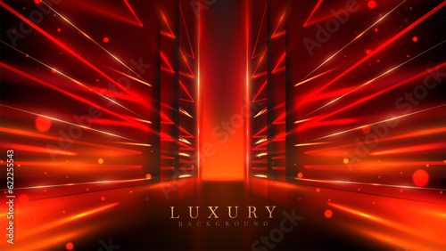 Elegant red stage with golden line with light and bokeh effect decoration. Luxury background design concept for product promotion or award ceremony.