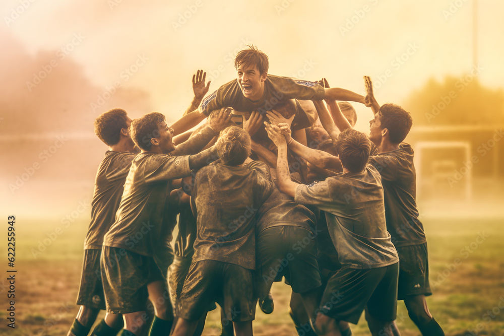 group of football soccer players celebrating a goal Team Celebration ai