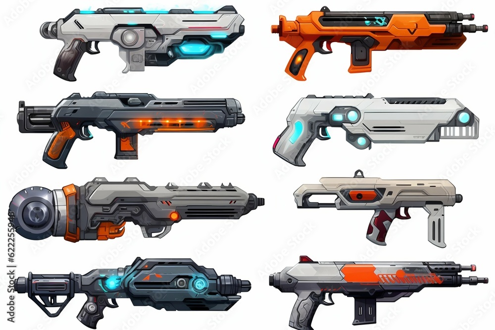 Naklejka premium Collection of Future Weapons Isolated on White Background. Generative ai