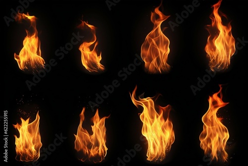 Collection of Fire Flames Isolated on Black Background. Generative ai