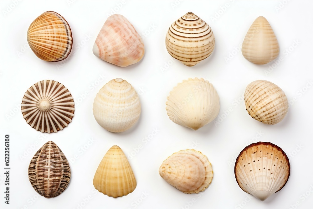 Collection of Seashells Isolated on White Background. Generative ai