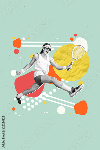Poster magazine artwork pinup pop collage of happy funky guy celebrate victory tenis championship isolated on blue drawing background