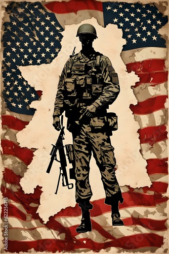 A vintage poster of a United States of America Soldier silhouette, against a tattered American flag in the background. (AI-generated fictional illustration) © freelanceartist