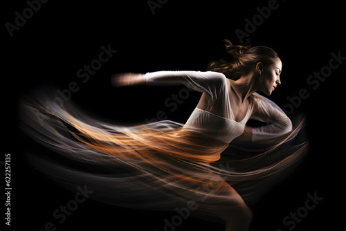 Artistic motion blur image of a ballet dancer in mid-air, capturing the grace and fluidity of her movements. Generative AI