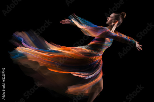 Artistic motion blur image of a ballet dancer in mid-air, capturing the grace and fluidity of her movements. Generative AI