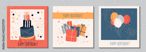 Set of  birthday greeting cards design with cake, balloons and typography design. Abstract universal grunge artistic templates. For poster, business card, invitation, flyer, banner, email header