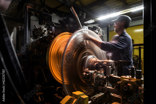 Artistic motion blur photograph of a factory worker operating heavy machinery, capturing the movement and energy in the manufacturing process. Generative AI