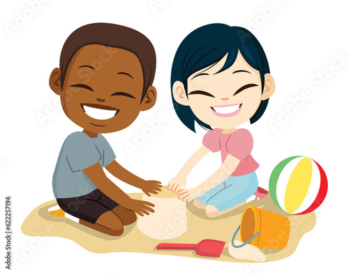 Vector illustration of two cute little children playing in sandbox cartoon style. Kids having fun at the park