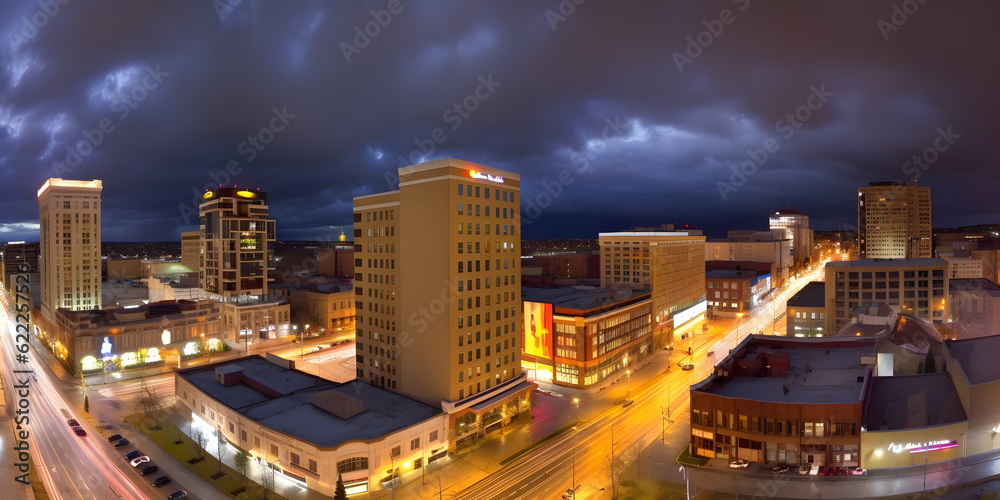 Fototapeta premium Beautiful city panroama, dramatic lighting, aerial view. Generative AI