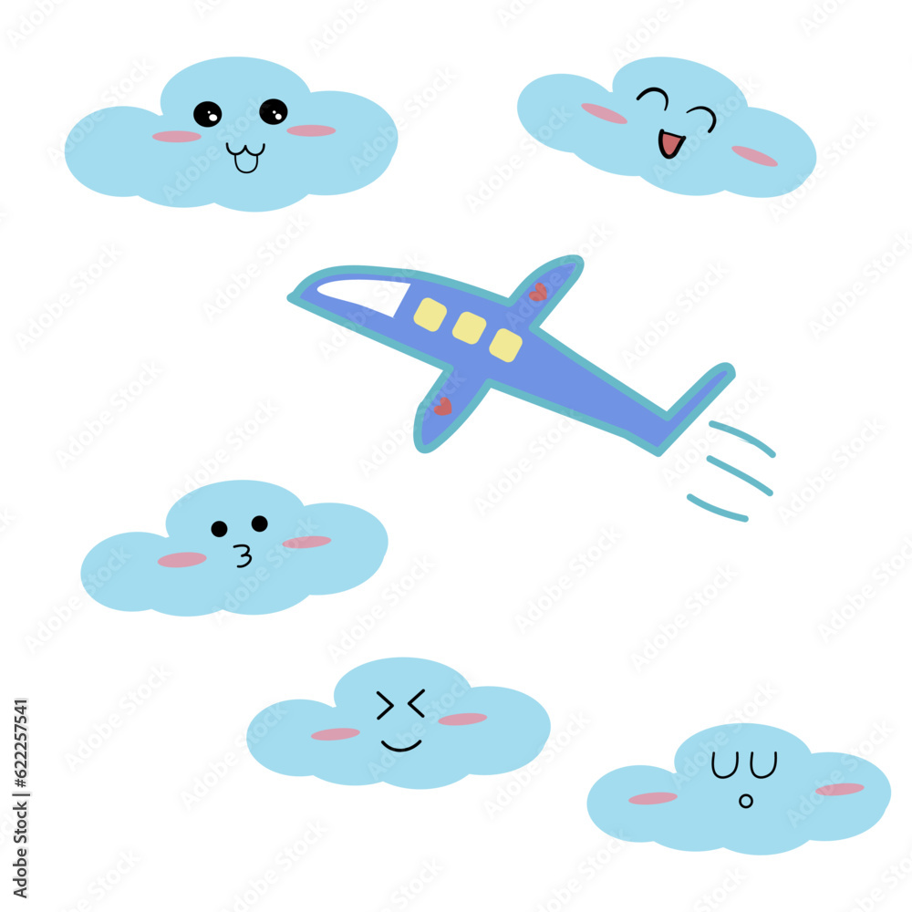 Fototapeta premium Flying airplane on the sky with clouds, Hand drawn doodle, Vector illustration
