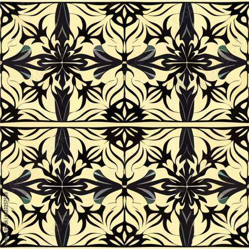Intricate black and yellow damask pattern on a white background  inspired by art nouveau. It features a flowing design for floors or textiles.