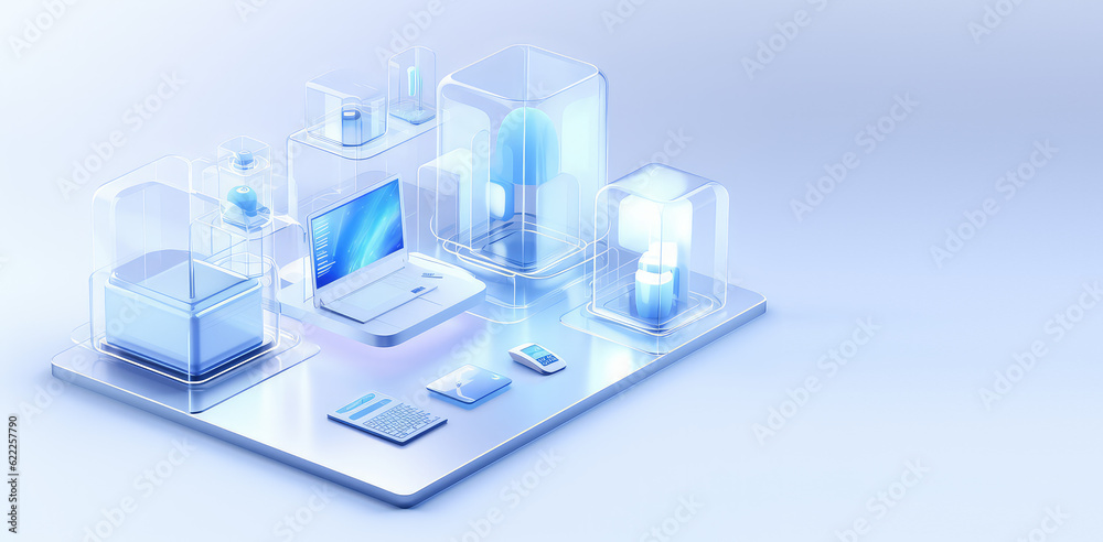 Isometric icon of computers, laptops, liaisons and technology equipment. Copy space, creative banner for computer service, tech repair, cloud storage. White blue colors. Generative AI illustration.
