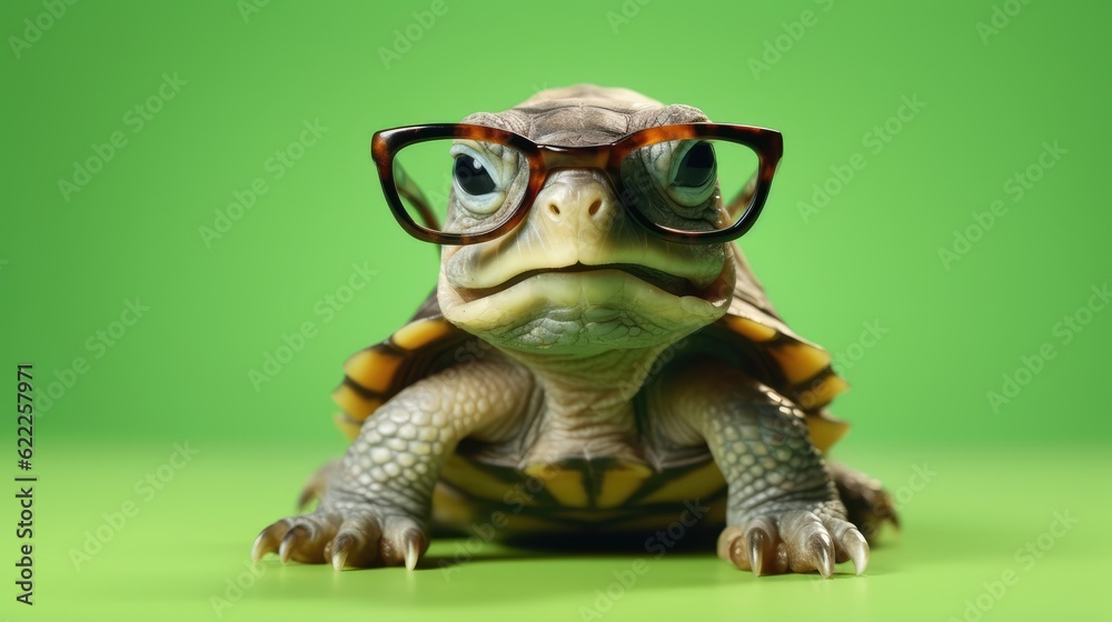 Obraz premium Cute little green turtle with glasses in studio, Generative AI