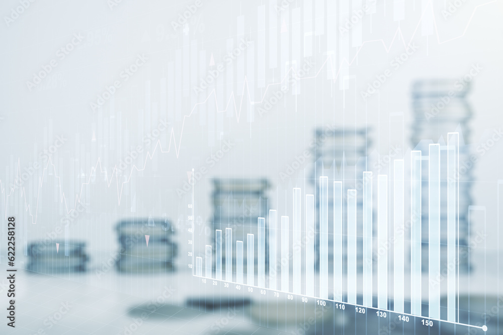 Multi exposure of virtual abstract financial diagram on growing coins stacks background, banking and accounting concept Multi exposure of virtual abstract financial diagram on growing coins stacks background, banking and accounting concept